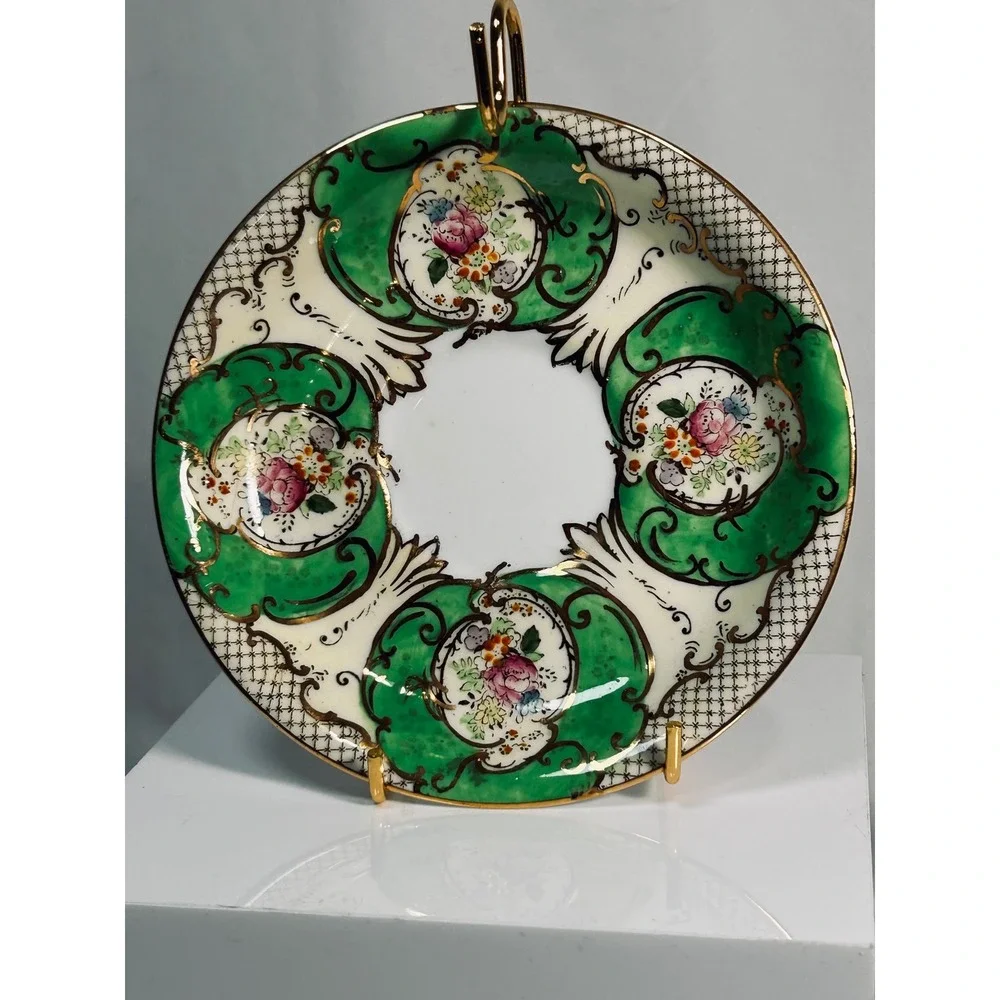 Regent Bone China Fenton England Teacup Saucer Green Gold Floral 4865 Vintage‎